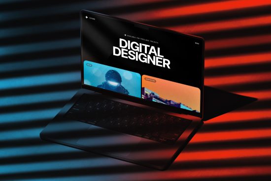 Laptop mockup with a dynamic digital designer portfolio display on screen, vibrant colored backdrop for creative assets.